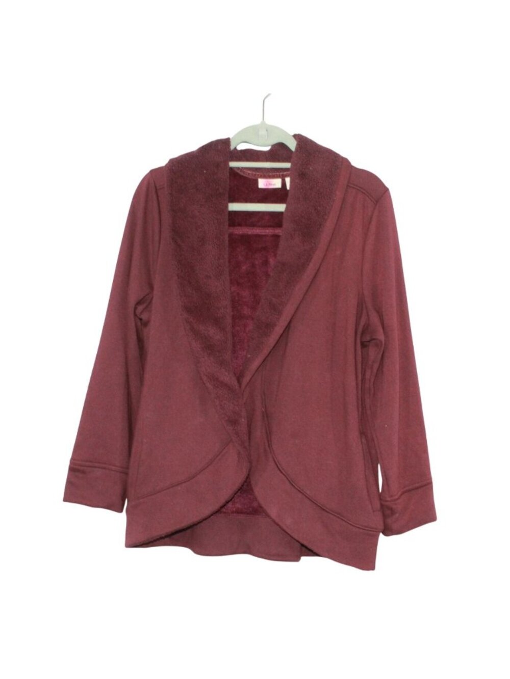 LL Bean Burgundy Sherpa Fleece Open Front Cardigan Jacket Cozy Size L Pet
